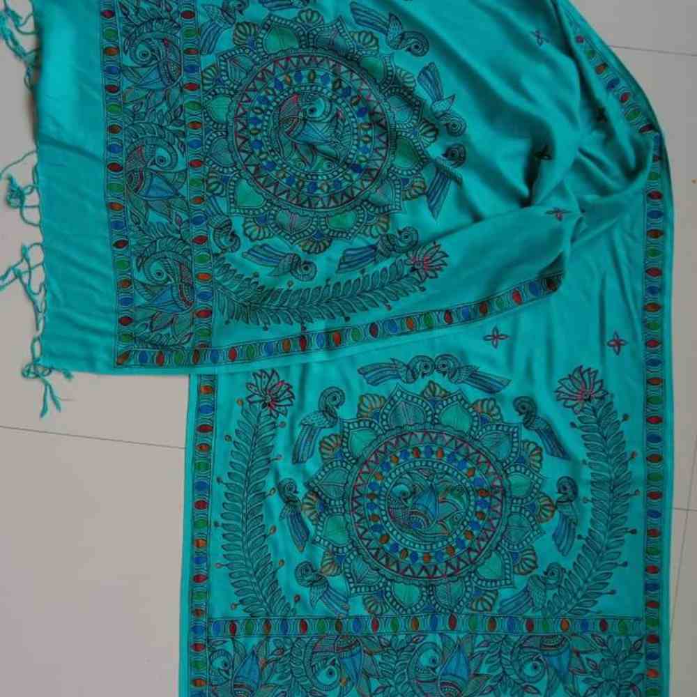 Maadhubani Painting Sea Green Colour Stole - Peacock